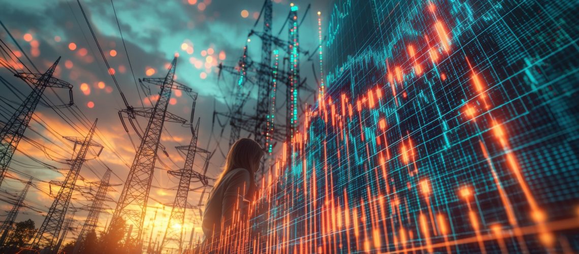 A businesswoman looking at a stock market screen showing energy power prices, with images of power lines and energy plants behind her, reflecting the role of trading in energy sectors