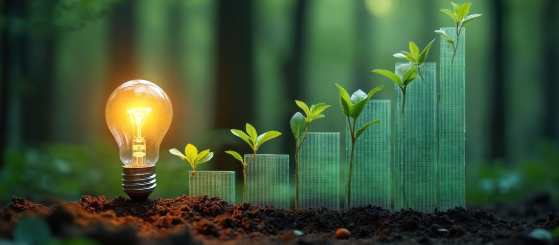 Renewable energy growth concept. Light bulb illuminates chart shaped as growing seedlings in forest environment. Eco-friendly sustainable development. Renewable energy investment market.